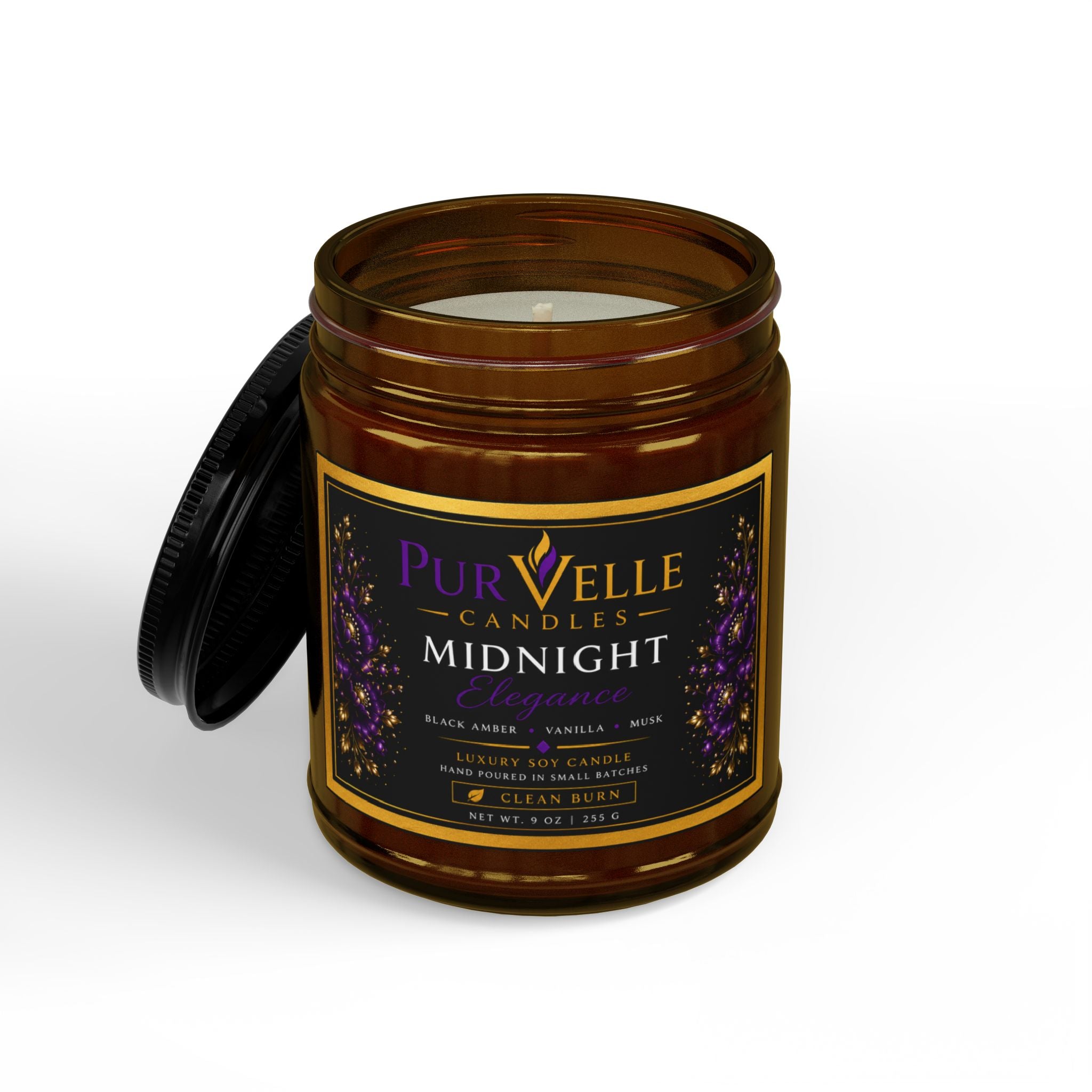 Midnight Scented Soy Candle — 9oz Amber Jar with Black Lid or Clear Jar