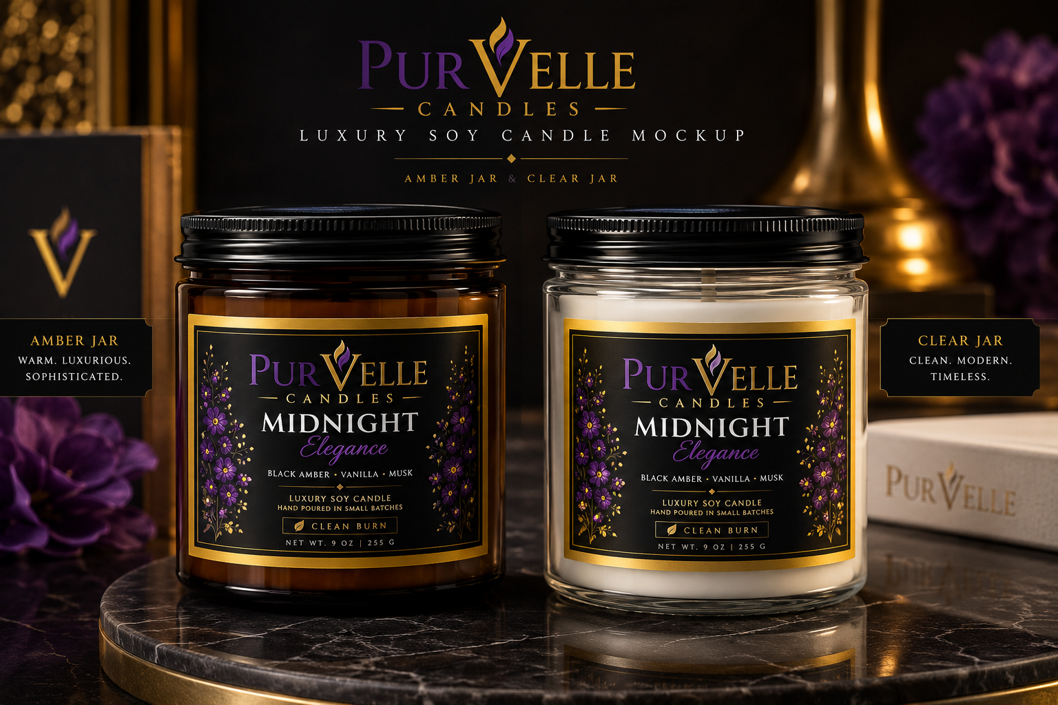 Midnight Scented Soy Candle — 9oz Amber Jar with Black Lid or Clear Jar