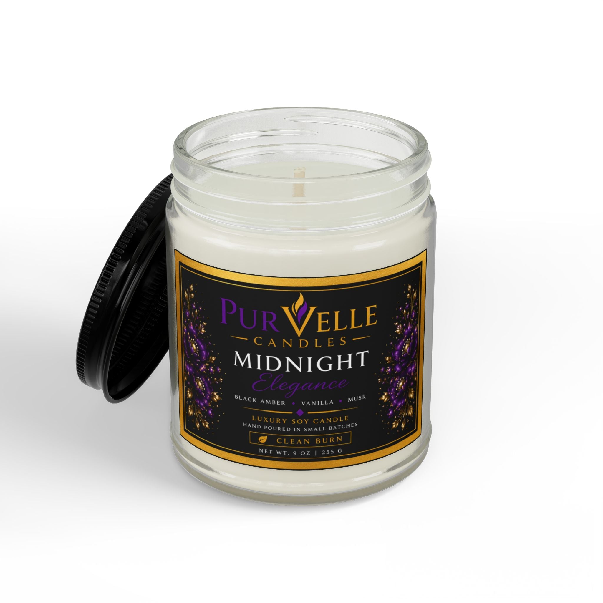 Midnight Scented Soy Candle — 9oz Amber Jar with Black Lid or Clear Jar