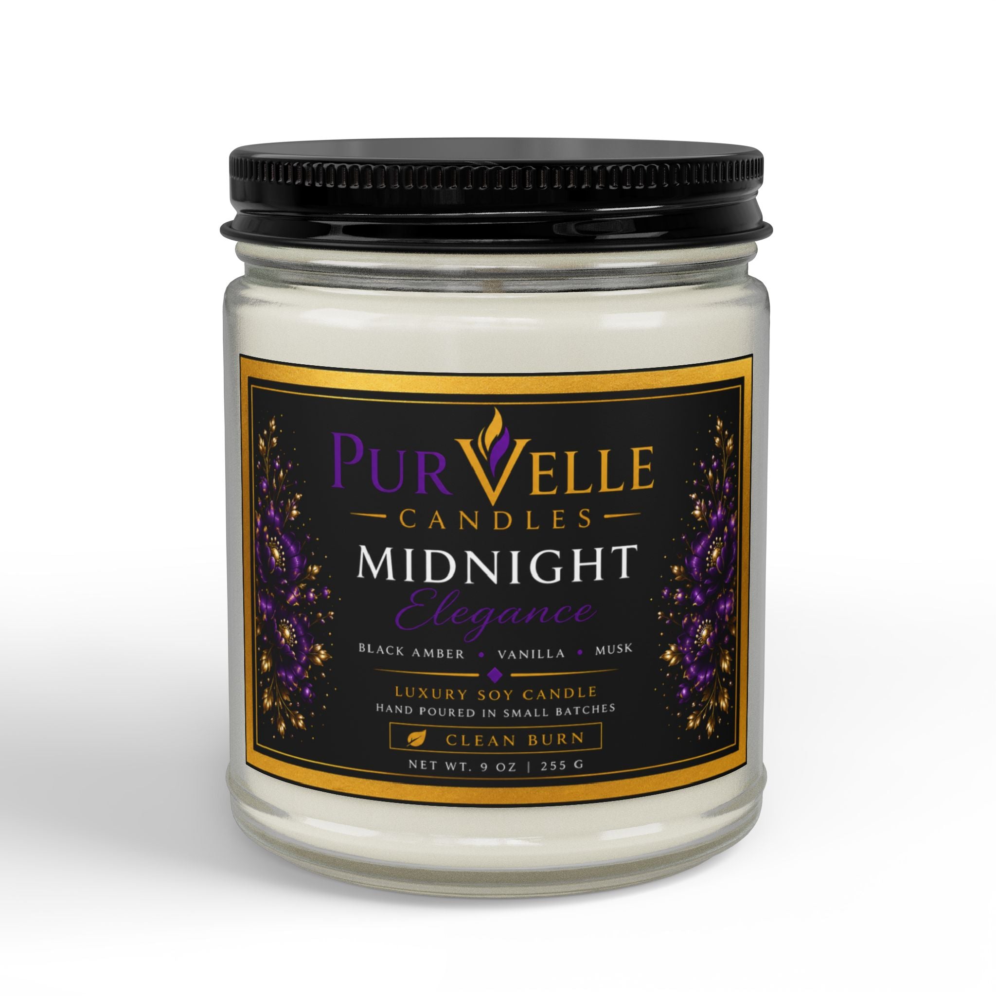Midnight Scented Soy Candle — 9oz Amber Jar with Black Lid or Clear Jar