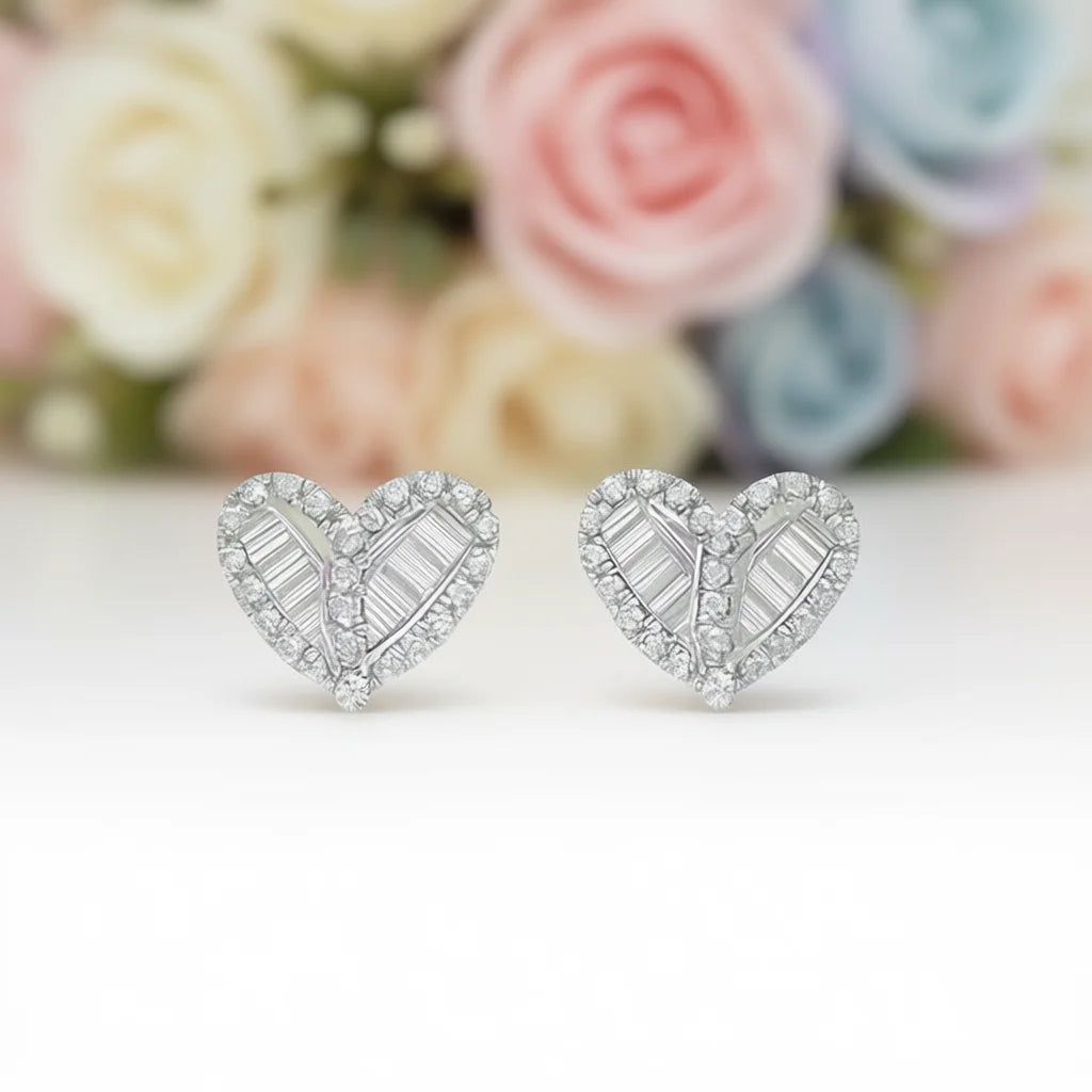 E2905 White Gold Heart Stud Earrings With Zircon Prong Setting For Women Romantic Fashion Jewelry Gift