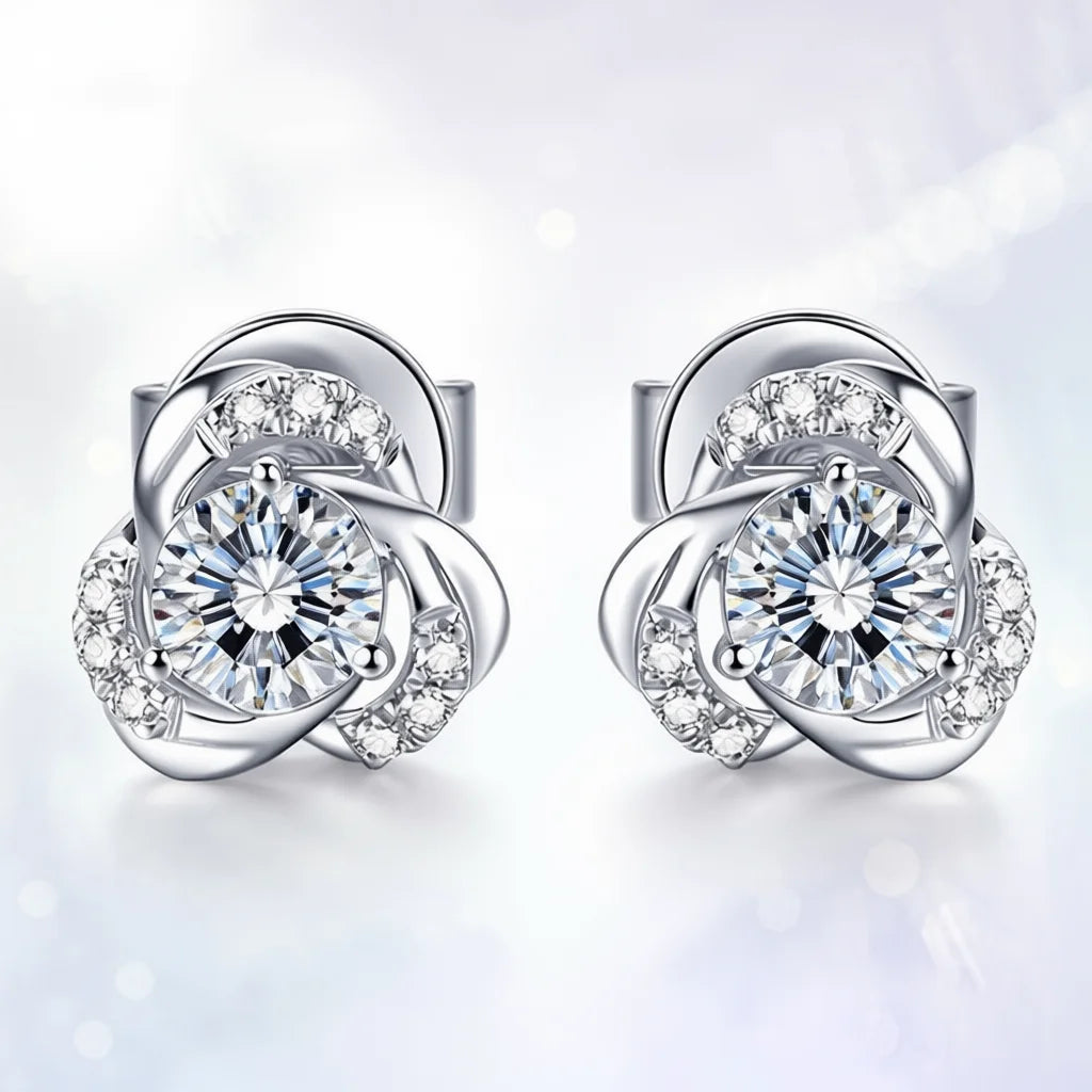 Elegant Flower Stud Earrings For Women 925 Silver Rhodium Plated Crystal Rhinestone Wedding Jewelry Romantic Design