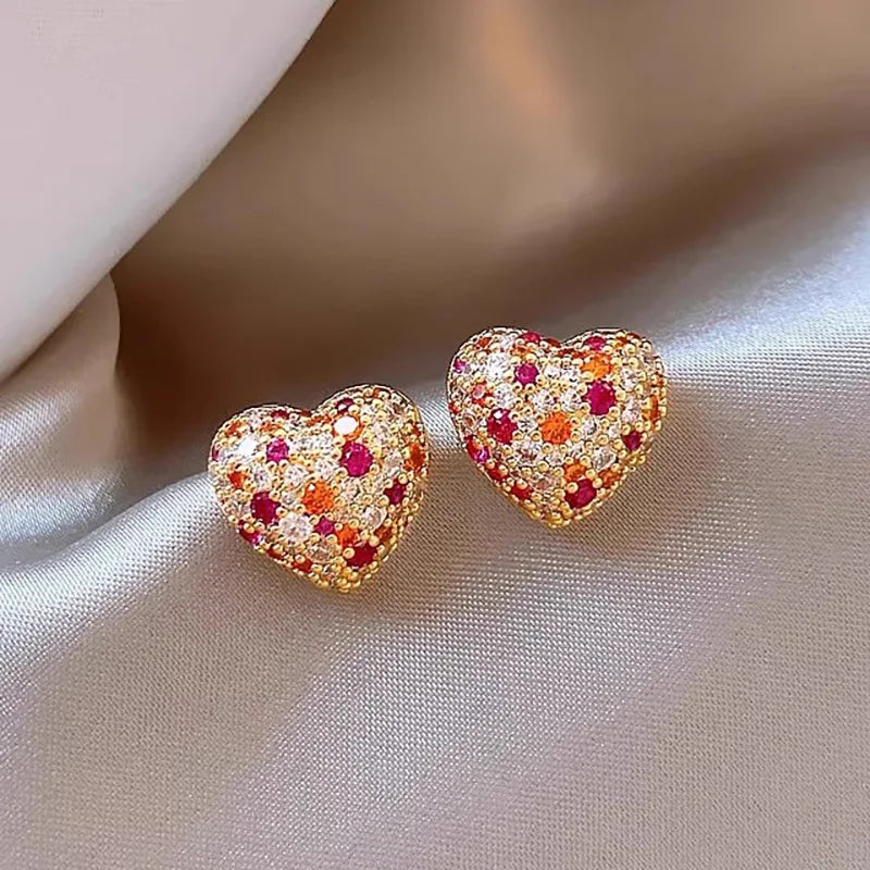 Coco's Golden Heart Drop Earrings With Crystal Rhinestone Inlay For Women Party Romantic Style