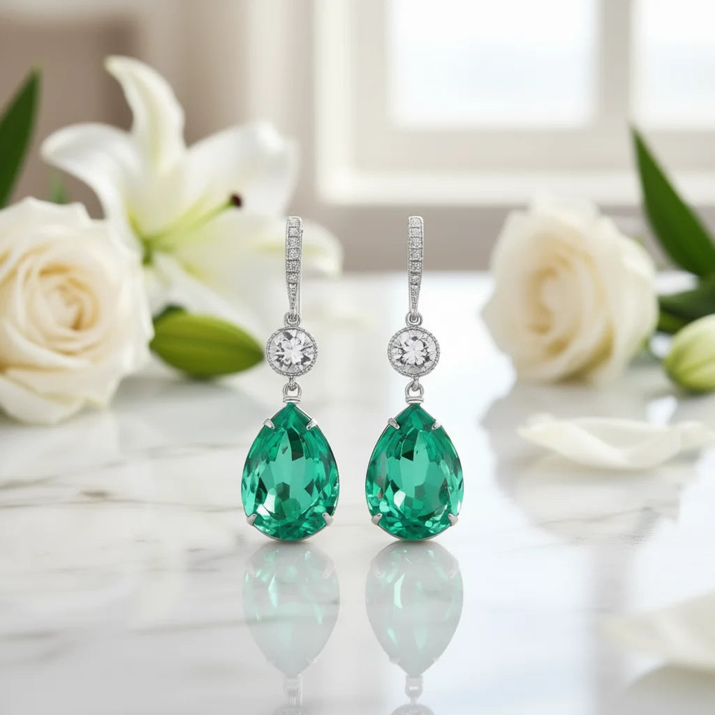 E2505 Green Crystal Drop Earrings 925 Silver Claw Setting Wedding Jewelry for Women Classic Style