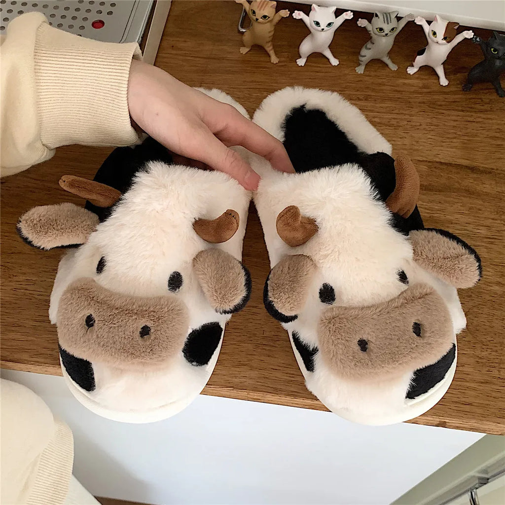 Hot Sale Cute Warm Home Slippers for Women&Girls Soft Plush Non-Slip Sole Slides Cow Fuzzy Animal Winter Shoes