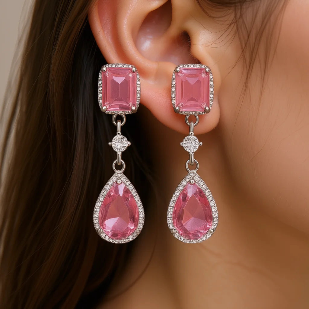 E3038 Pink Drop Earrings With Pear Cut Crystal Rhinestone Bezel Setting For Women Party Romantic Style Fashion Jewelry