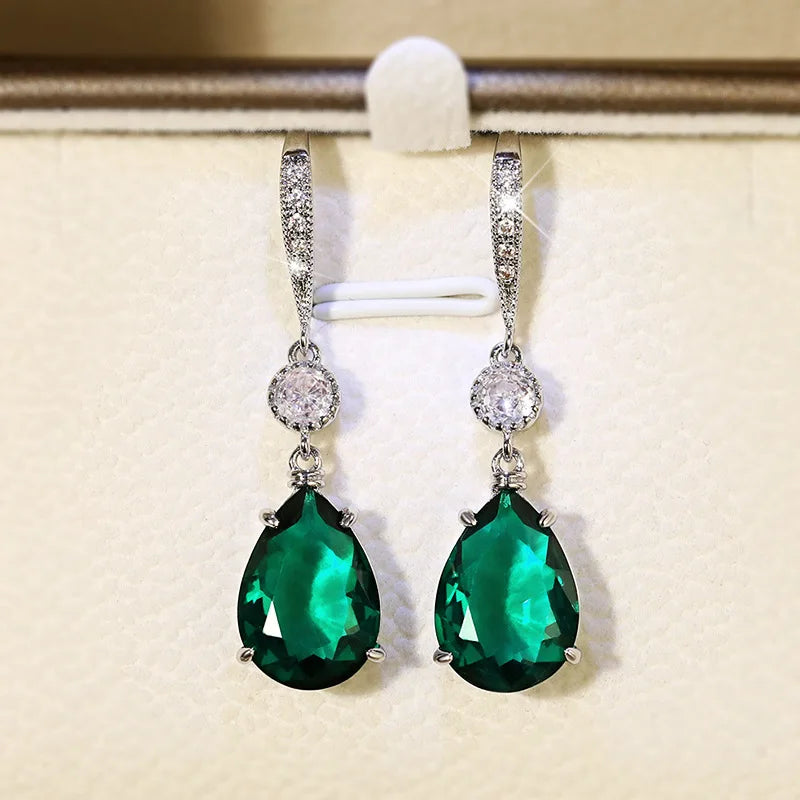 E2505 Green Crystal Drop Earrings 925 Silver Claw Setting Wedding Jewelry for Women Classic Style