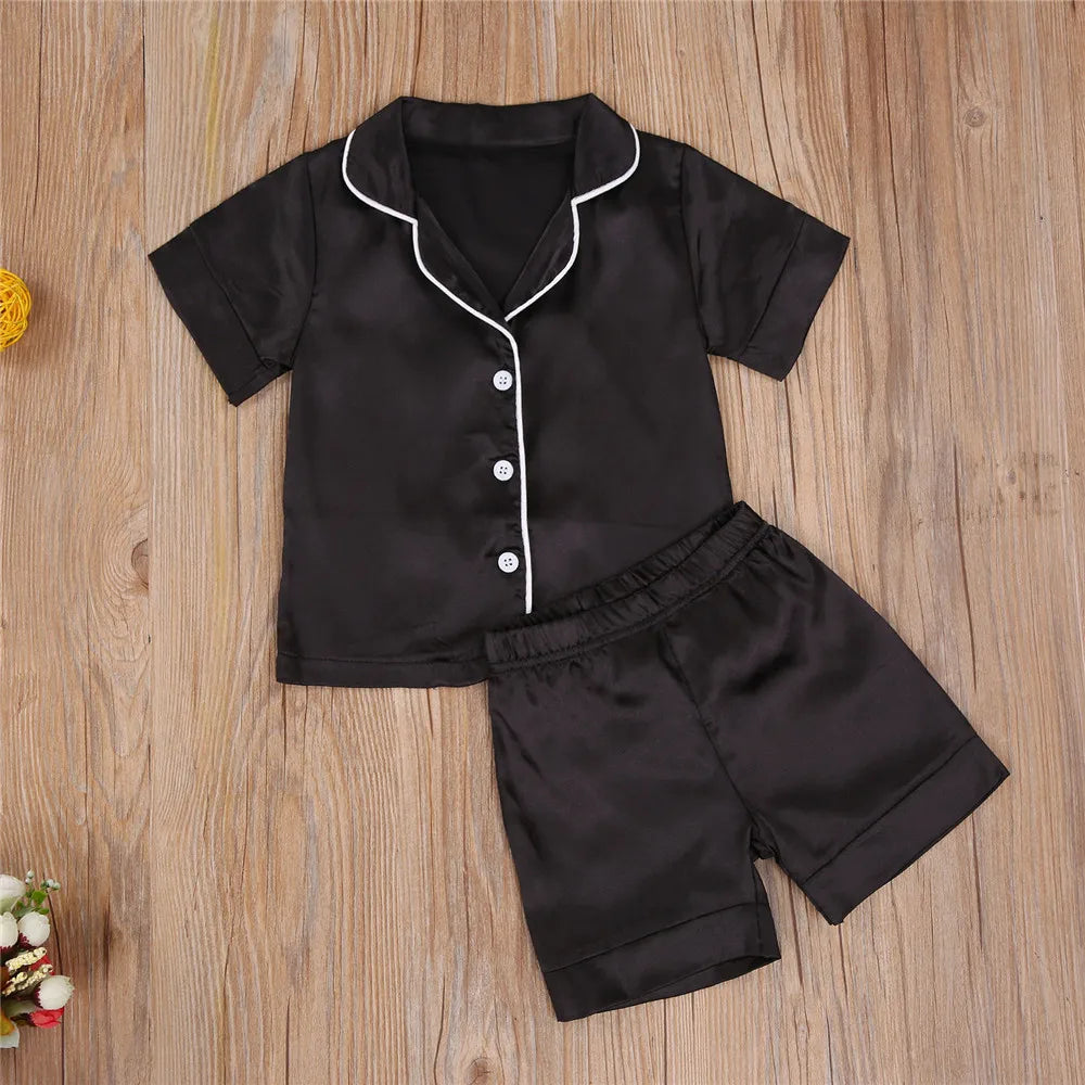 2020-09-09 Lioraitiin 1-7T Toddler Baby Black Satin Pajamas Infant Boy Short/Long Sleeve Pants Sleepwear Casual 2PCS Homewear