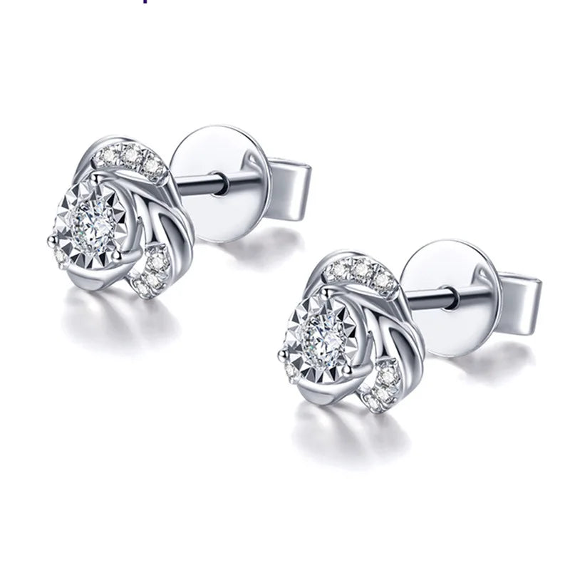 Elegant Flower Stud Earrings For Women 925 Silver Rhodium Plated Crystal Rhinestone Wedding Jewelry Romantic Design