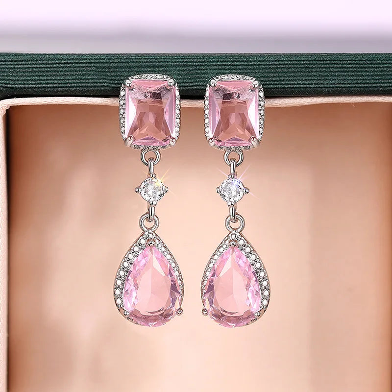E3038 Pink Drop Earrings With Pear Cut Crystal Rhinestone Bezel Setting For Women Party Romantic Style Fashion Jewelry