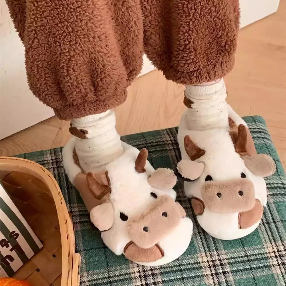 Hot Sale Cute Warm Home Slippers for Women&Girls Soft Plush Non-Slip Sole Slides Cow Fuzzy Animal Winter Shoes