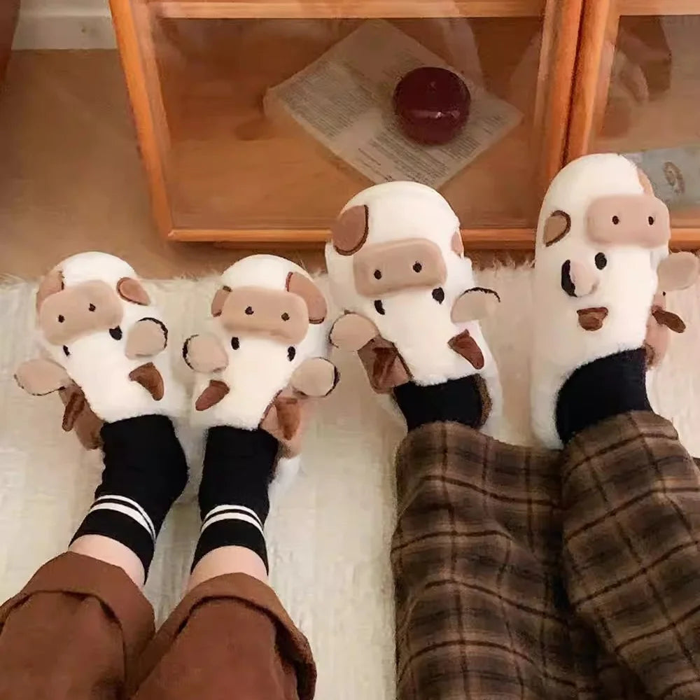 Hot Sale Cute Warm Home Slippers for Women&Girls Soft Plush Non-Slip Sole Slides Cow Fuzzy Animal Winter Shoes