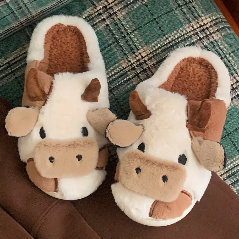 Hot Sale Cute Warm Home Slippers for Women&Girls Soft Plush Non-Slip Sole Slides Cow Fuzzy Animal Winter Shoes