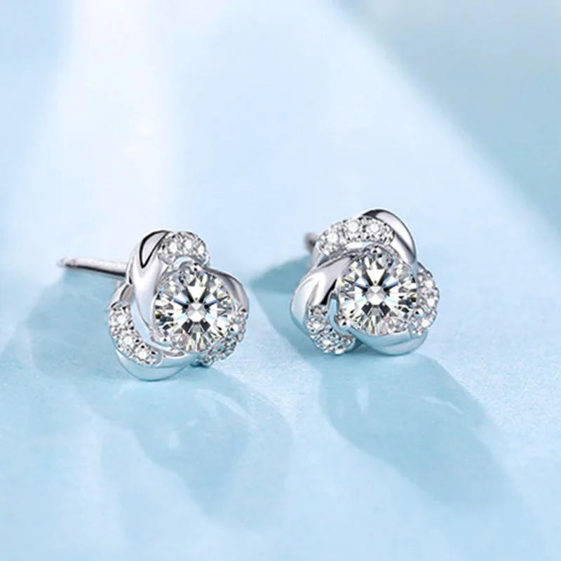 Elegant Flower Stud Earrings For Women 925 Silver Rhodium Plated Crystal Rhinestone Wedding Jewelry Romantic Design