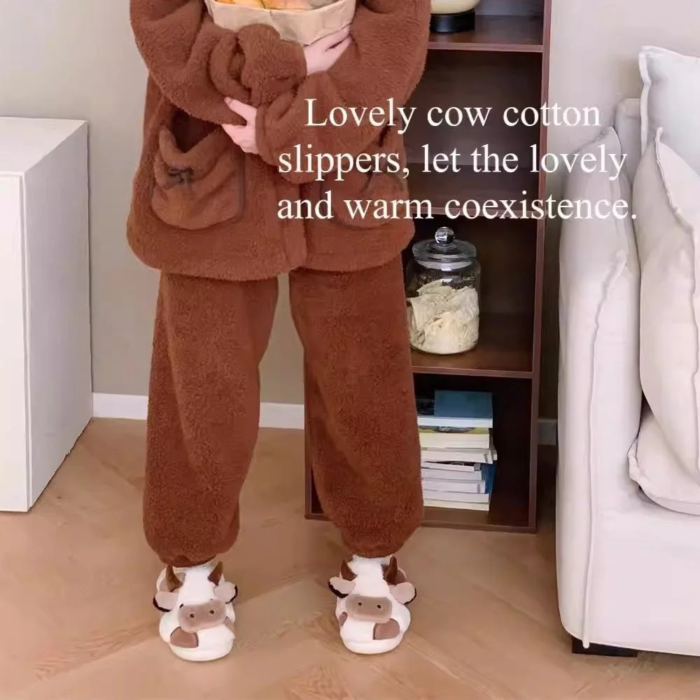 Hot Sale Cute Warm Home Slippers for Women&Girls Soft Plush Non-Slip Sole Slides Cow Fuzzy Animal Winter Shoes
