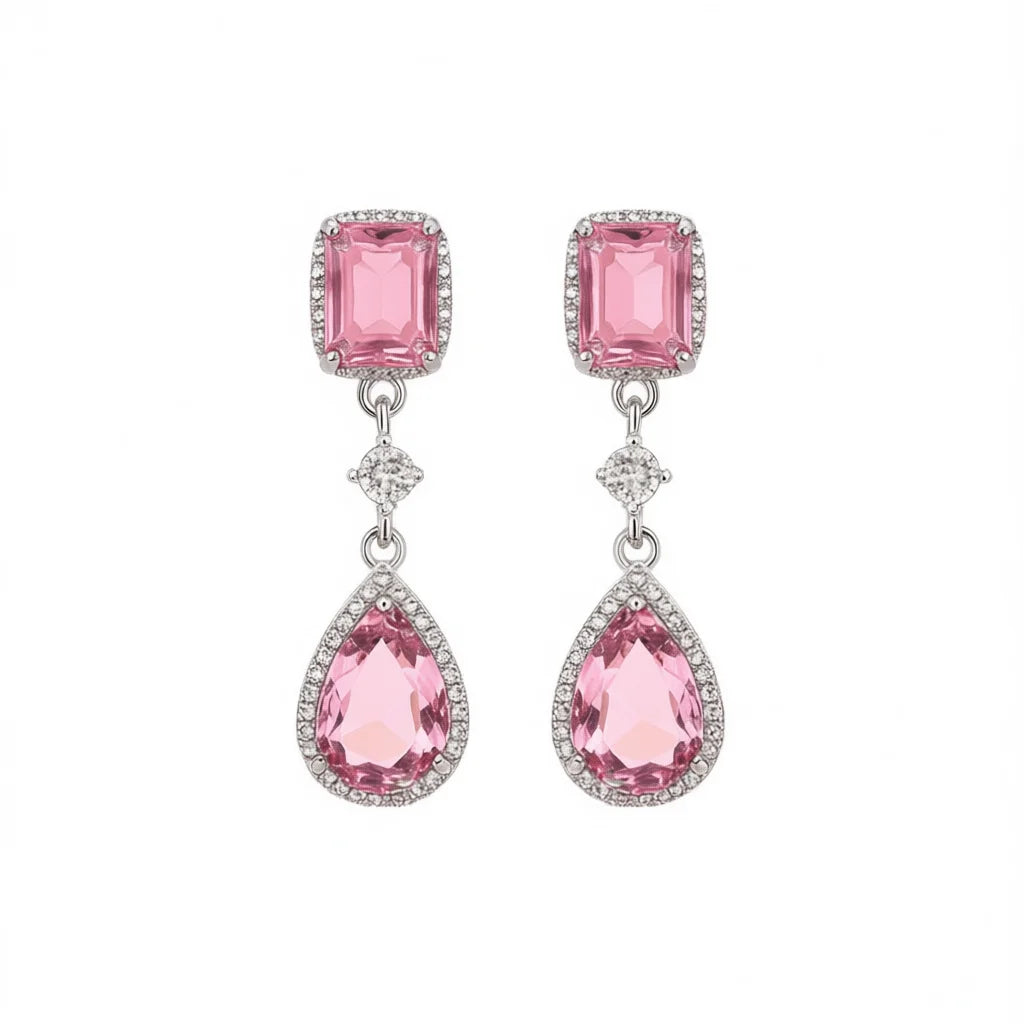 E3038 Pink Drop Earrings With Pear Cut Crystal Rhinestone Bezel Setting For Women Party Romantic Style Fashion Jewelry