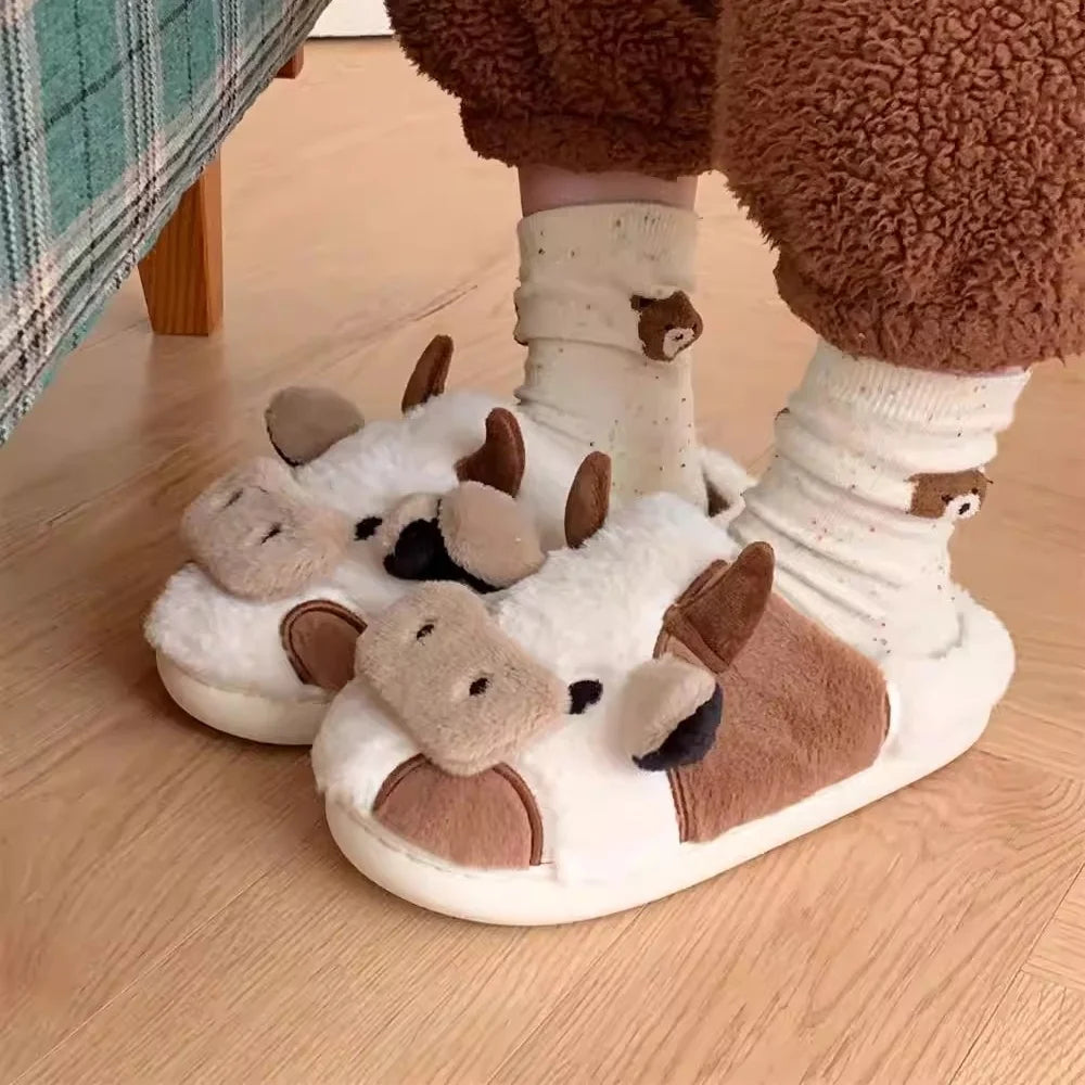 Hot Sale Cute Warm Home Slippers for Women&Girls Soft Plush Non-Slip Sole Slides Cow Fuzzy Animal Winter Shoes