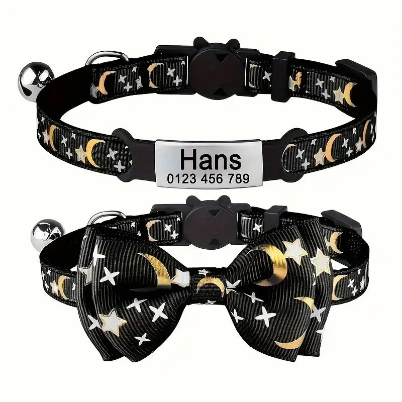Personalized Custom Engraved Pet Name and Phone Number Cat ID Tag Moon and Star Print cat Collar with Bow Suitable for pet Cats