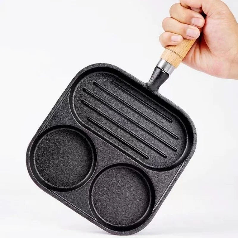 JUSTINLAU 2/4-Hole Cast Iron Omelette Pot Household Non-stick Flats-bottomed Egg Dumpling Pot Breakfast Egg Burger Frying Pan