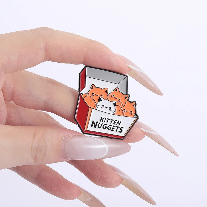 A Box of Kittens Nuggets Enamel Pin Cartoon Funny Cat Fast Food Cat Lover Brooch Lapel Backpack Badge Jewelry Gift for Friends