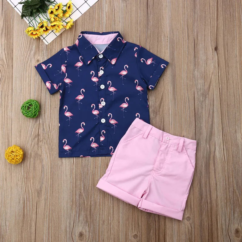 Lioraitiin 1-6Years Toddler Baby Boy Gentleman Flamingo Short Sleeve Shirt+Shorts Solid Pants Wedding Party Summer Set