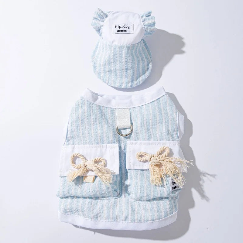 Dog Clothes with Hat Pet Vest Set Striped Dog T Shirt Cute Kitten Puppy Costume Chihuahua Bichon Girls Cooling Clothing Buckle