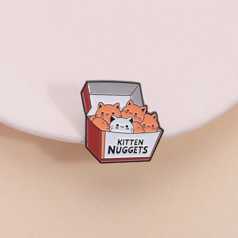 A Box of Kittens Nuggets Enamel Pin Cartoon Funny Cat Fast Food Cat Lover Brooch Lapel Backpack Badge Jewelry Gift for Friends