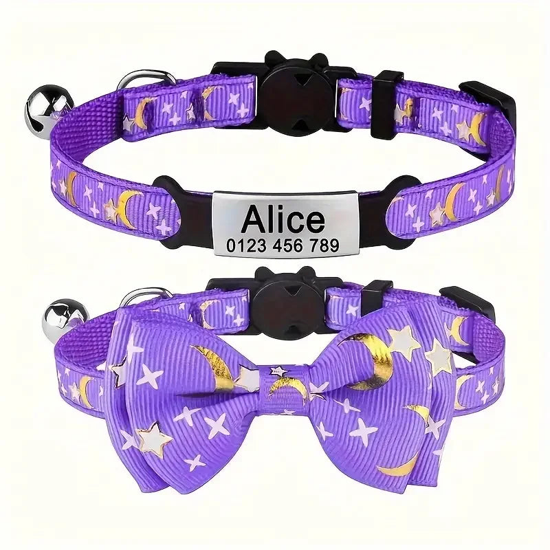 Personalized Custom Engraved Pet Name and Phone Number Cat ID Tag Moon and Star Print cat Collar with Bow Suitable for pet Cats