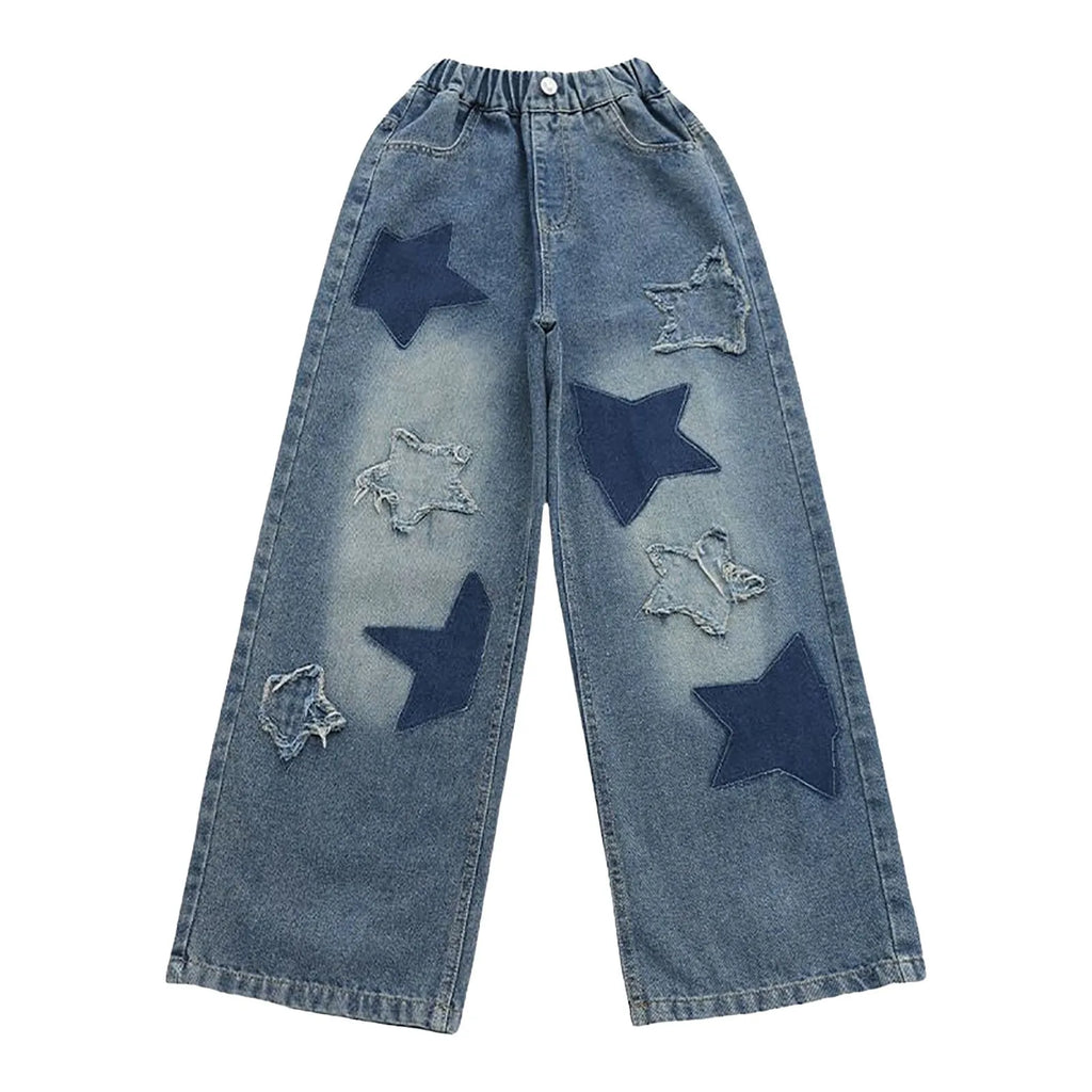 Kids Girls High Street Jeans Elastic Waist Baggy Denim Wide Leg Pants Trousers Fashion Oversize Star Embroidery Sports Pants
