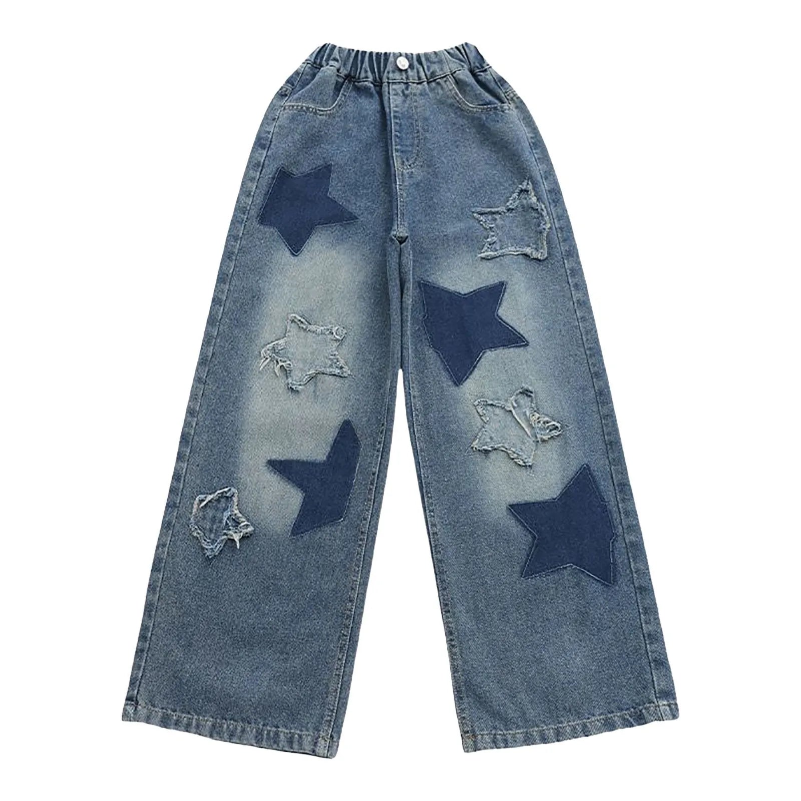 Kids Girls High Street Jeans Elastic Waist Baggy Denim Wide Leg Pants Trousers Fashion Oversize Star Embroidery Sports Pants