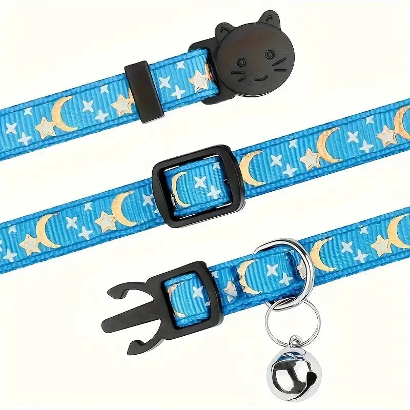 Personalized Custom Engraved Pet Name and Phone Number Cat ID Tag Moon and Star Print cat Collar with Bow Suitable for pet Cats