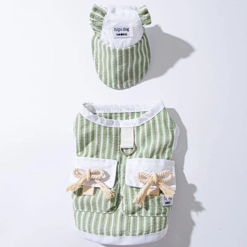 Dog Clothes with Hat Pet Vest Set Striped Dog T Shirt Cute Kitten Puppy Costume Chihuahua Bichon Girls Cooling Clothing Buckle