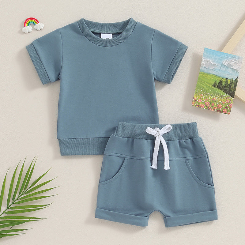 Toddler Baby Summer Clothes Solid Color Short Sleeve Round Neck T-Shirt with Shorts 2Pcs Outfit