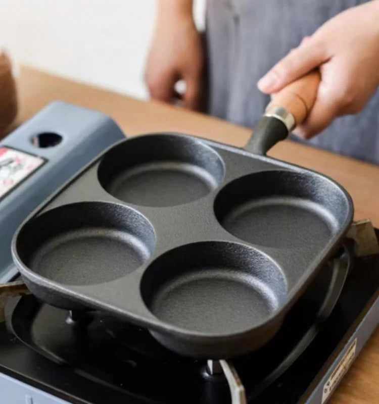 JUSTINLAU 2/4-Hole Cast Iron Omelette Pot Household Non-stick Flats-bottomed Egg Dumpling Pot Breakfast Egg Burger Frying Pan