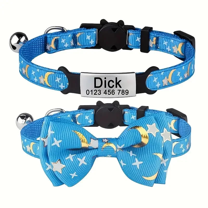 Personalized Custom Engraved Pet Name and Phone Number Cat ID Tag Moon and Star Print cat Collar with Bow Suitable for pet Cats