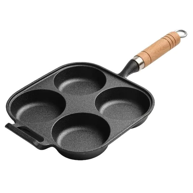 JUSTINLAU 2/4-Hole Cast Iron Omelette Pot Household Non-stick Flats-bottomed Egg Dumpling Pot Breakfast Egg Burger Frying Pan