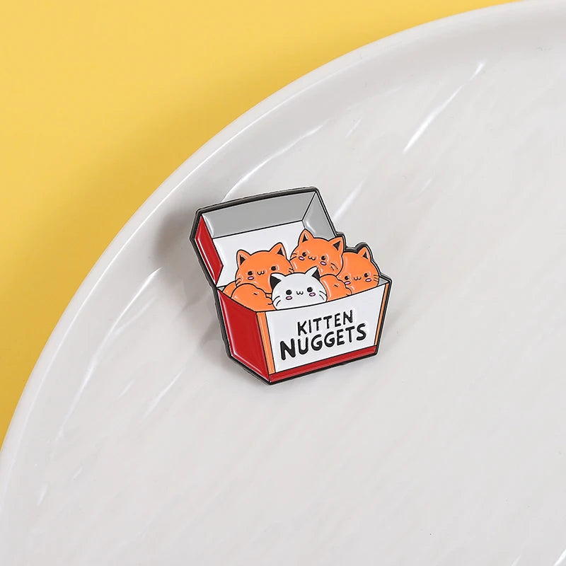 A Box of Kittens Nuggets Enamel Pin Cartoon Funny Cat Fast Food Cat Lover Brooch Lapel Backpack Badge Jewelry Gift for Friends