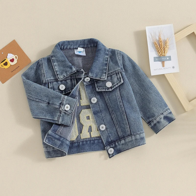 2023-11-17 Toddler Baby Boys Denim Jacket Letter Embroidery Button-Down Jeans Jacket Turn-Down Collar Coat Outerwear
