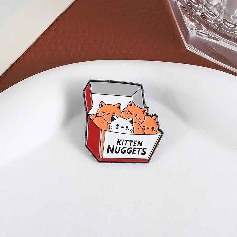 A Box of Kittens Nuggets Enamel Pin Cartoon Funny Cat Fast Food Cat Lover Brooch Lapel Backpack Badge Jewelry Gift for Friends