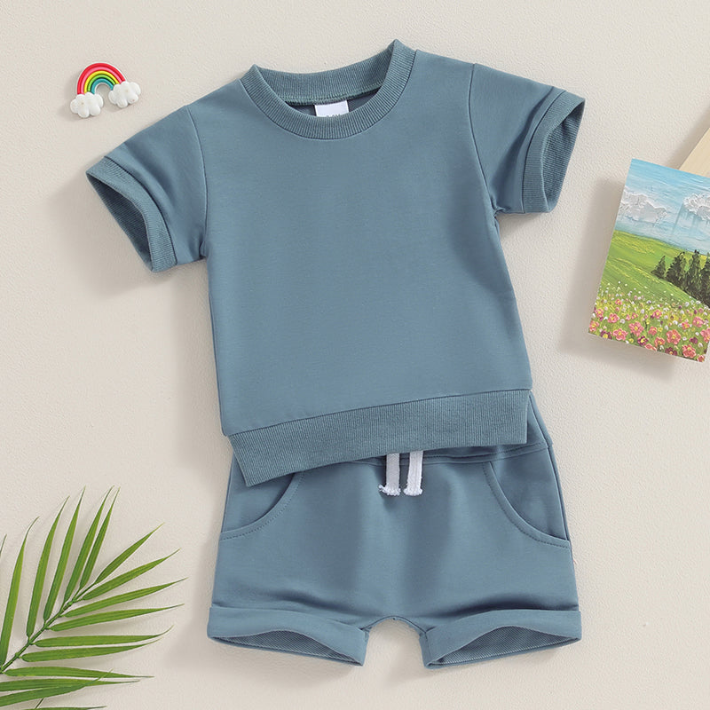 Toddler Baby Summer Clothes Solid Color Short Sleeve Round Neck T-Shirt with Shorts 2Pcs Outfit