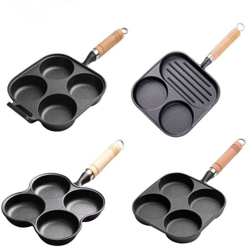 JUSTINLAU 2/4-Hole Cast Iron Omelette Pot Household Non-stick Flats-bottomed Egg Dumpling Pot Breakfast Egg Burger Frying Pan
