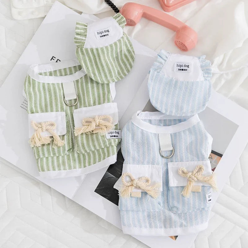 Dog Clothes with Hat Pet Vest Set Striped Dog T Shirt Cute Kitten Puppy Costume Chihuahua Bichon Girls Cooling Clothing Buckle