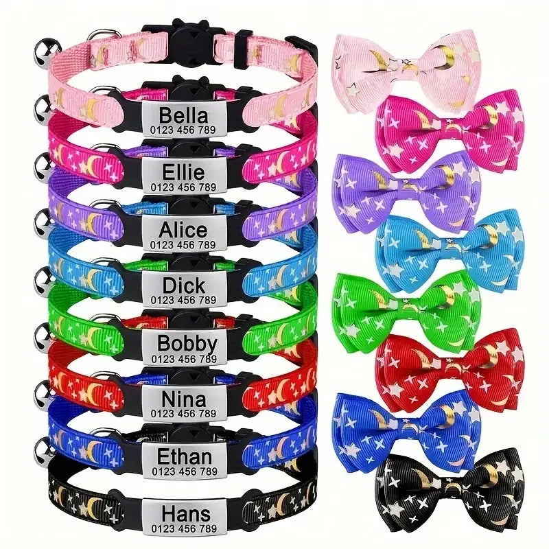 Personalized Custom Engraved Pet Name and Phone Number Cat ID Tag Moon and Star Print cat Collar with Bow Suitable for pet Cats