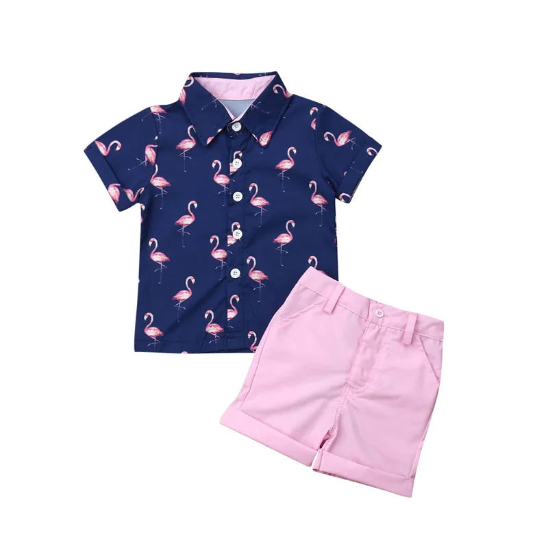 Lioraitiin 1-6Years Toddler Baby Boy Gentleman Flamingo Short Sleeve Shirt+Shorts Solid Pants Wedding Party Summer Set