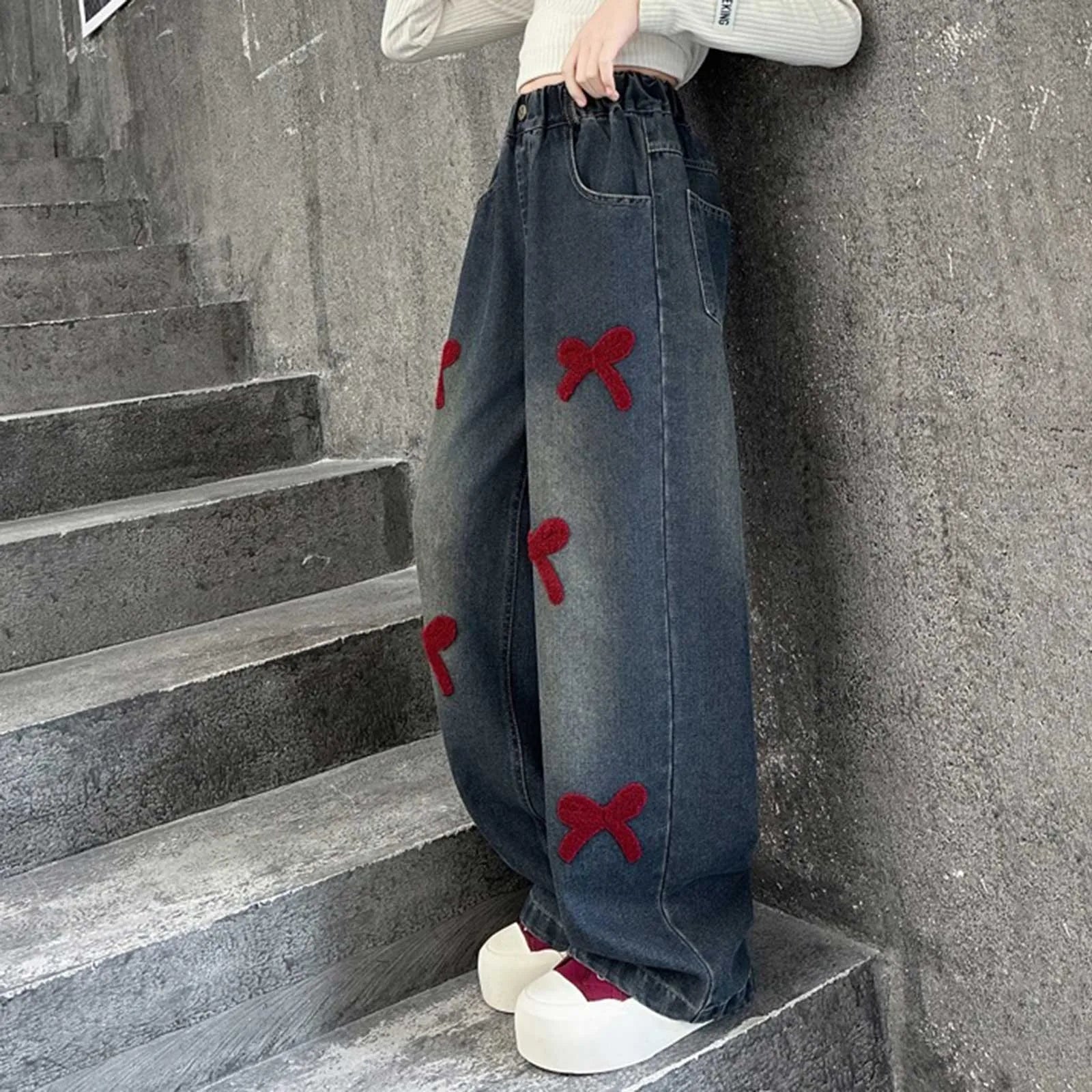 2t Girl Clothes Girls Jeans Streetwear Denim Cargo Pants High Waist Floor Length Baggy Wide Leg Jeans Snow Pants Big Girls