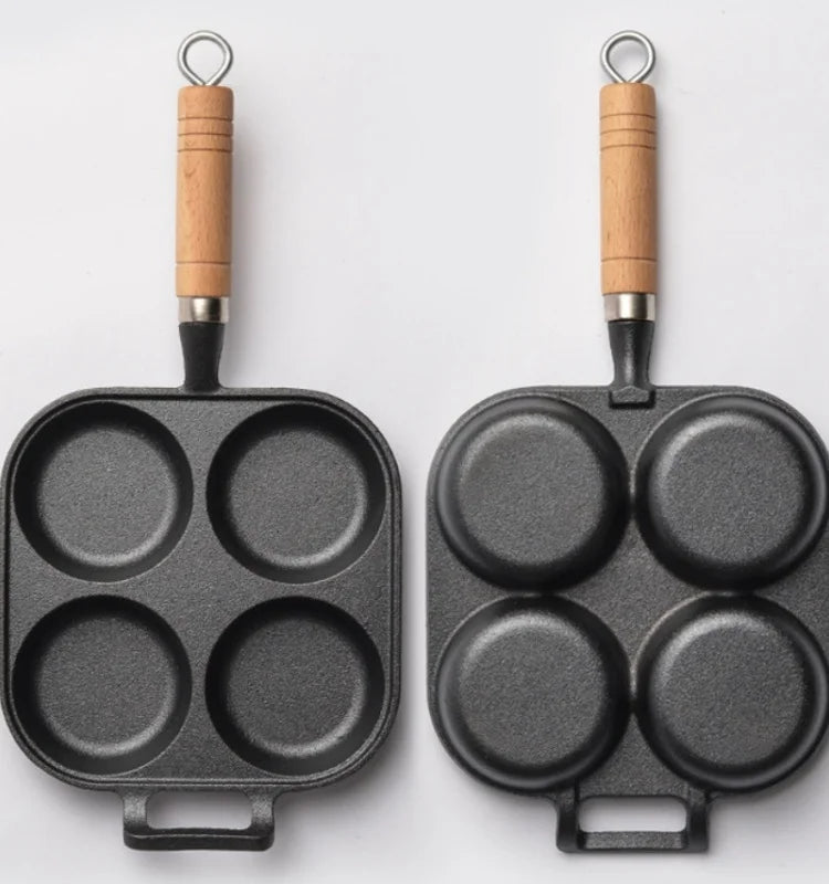 JUSTINLAU 2/4-Hole Cast Iron Omelette Pot Household Non-stick Flats-bottomed Egg Dumpling Pot Breakfast Egg Burger Frying Pan