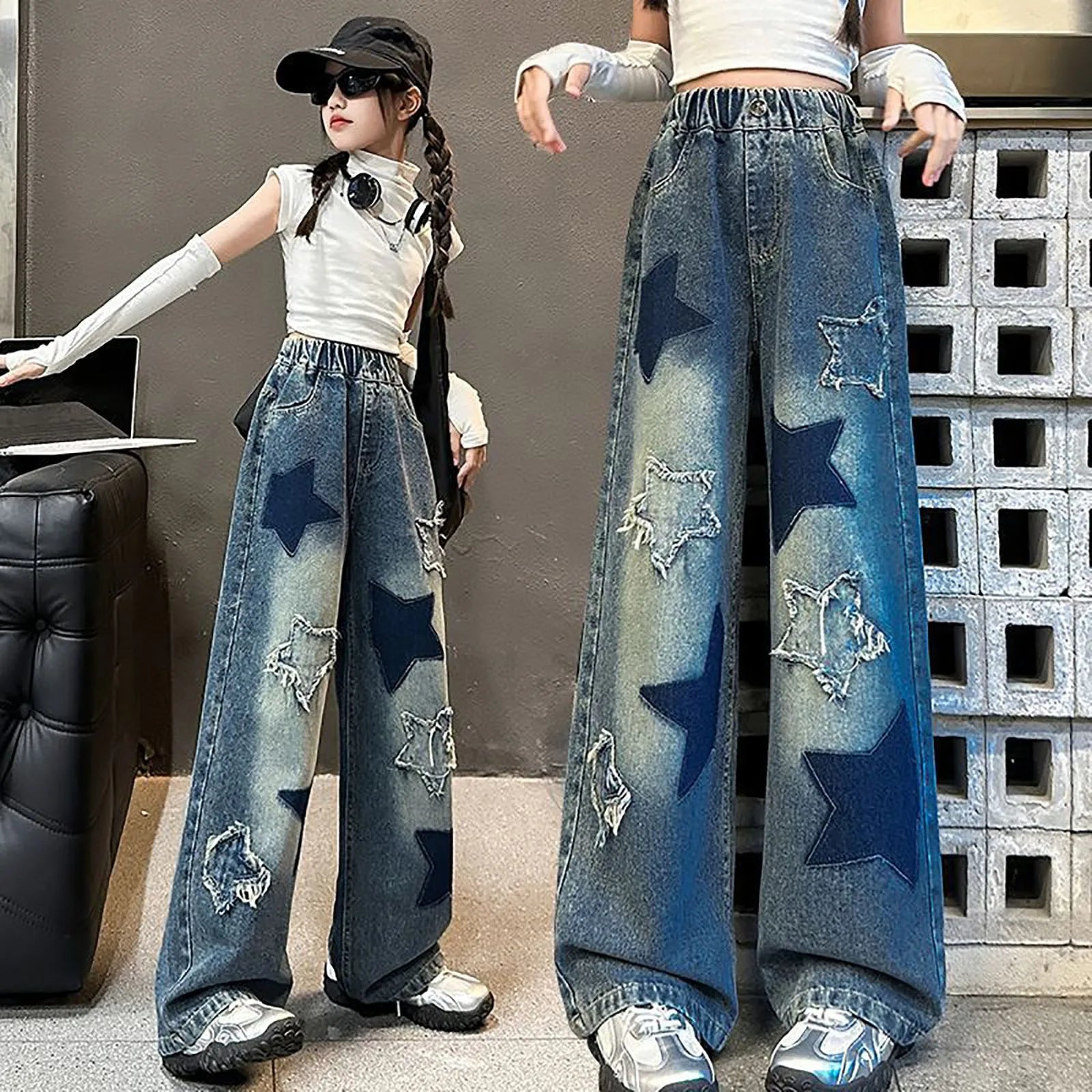 Kids Girls High Street Jeans Elastic Waist Baggy Denim Wide Leg Pants Trousers Fashion Oversize Star Embroidery Sports Pants