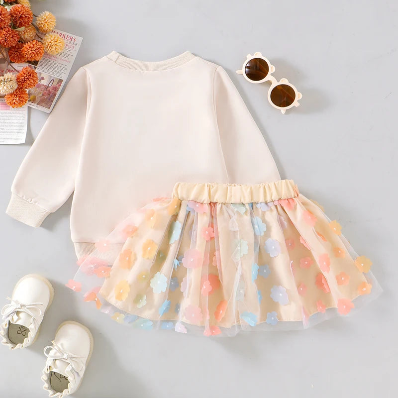 2024-07-27 Kids Girls Skirt Set Long Sleeve Embroidery Letters Sweatshirt with Flower Tulle Skirt 2-piece Outfit