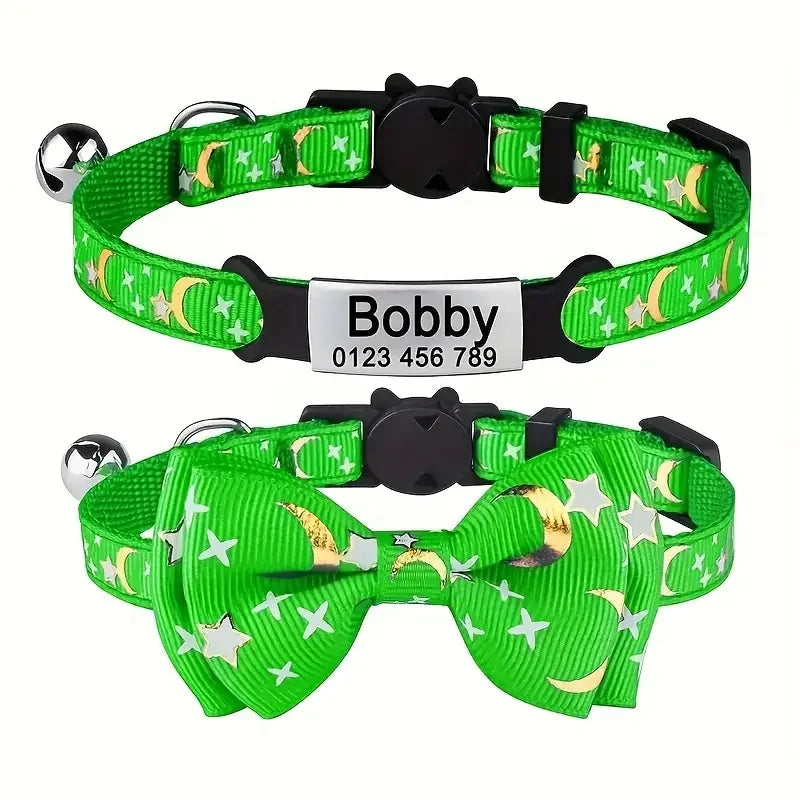 Personalized Custom Engraved Pet Name and Phone Number Cat ID Tag Moon and Star Print cat Collar with Bow Suitable for pet Cats