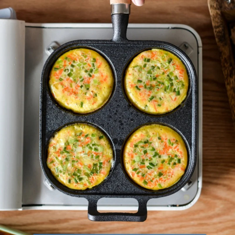 JUSTINLAU 2/4-Hole Cast Iron Omelette Pot Household Non-stick Flats-bottomed Egg Dumpling Pot Breakfast Egg Burger Frying Pan